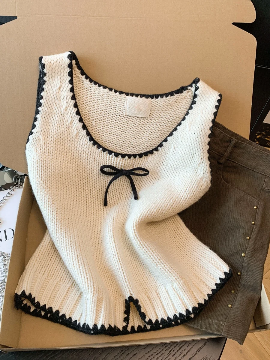 

Sweet Knitted Tank Top Women's Base Layer Faionable Sta Spring Small Size Knot round Ne Svel Color