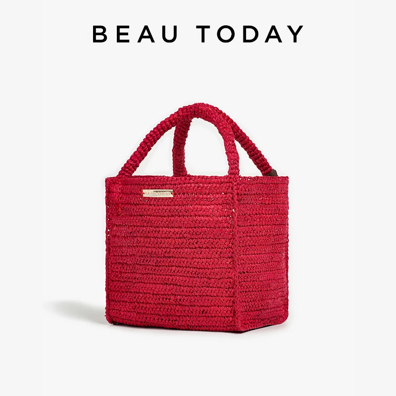 

BEAUTODAY Casual HandBags Raffia Solid Color Metal Plate Decortion Square Woven Tote Bag Open Pocket Ladies Bags Handmade 62181