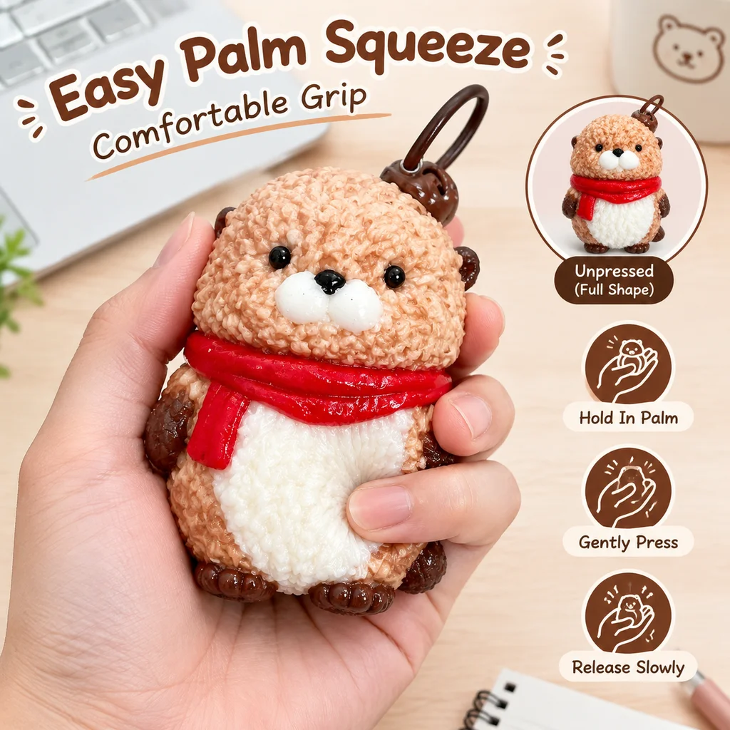 1. Food Grade Silicone Squeeze Toy Cute Brown Sea Otter Squishy Toy With Red Scarf Stress Relief Fidget Toy With Bell Keychain