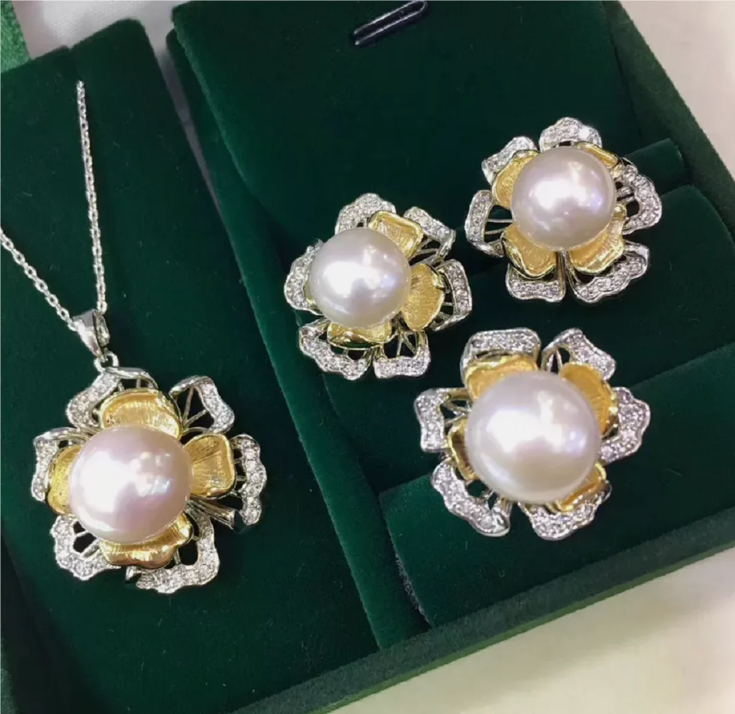 

Gorgeous AAAA 9-10mm Nanhai White Rivet Round Pearl Pendant Earrings+Open Ring Set 925s18 inch