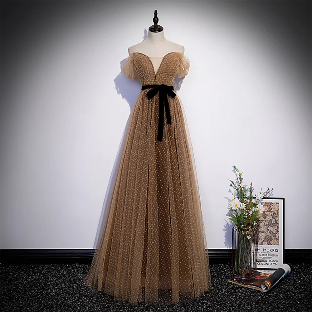 Unique Brown Evening Dresses Long Off Shoulder Corset back Polka dot Prom Gown A-Line Wedding Party Dress Robe de Soiree