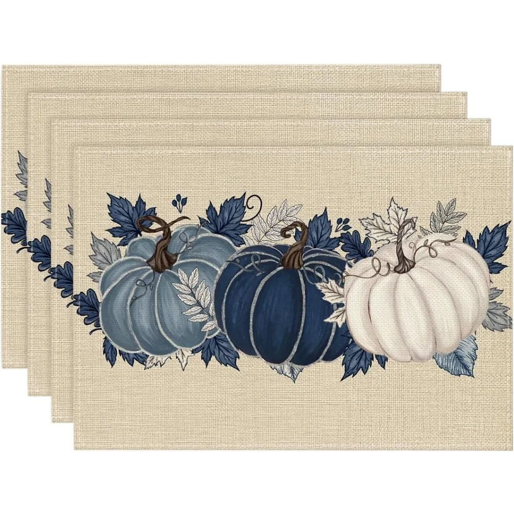 

Blue Pumpkins Fall Placemats Set Of 4, 12x18 Inch Autumn Thanksgiving Watercolor Table Mats For Dining Party