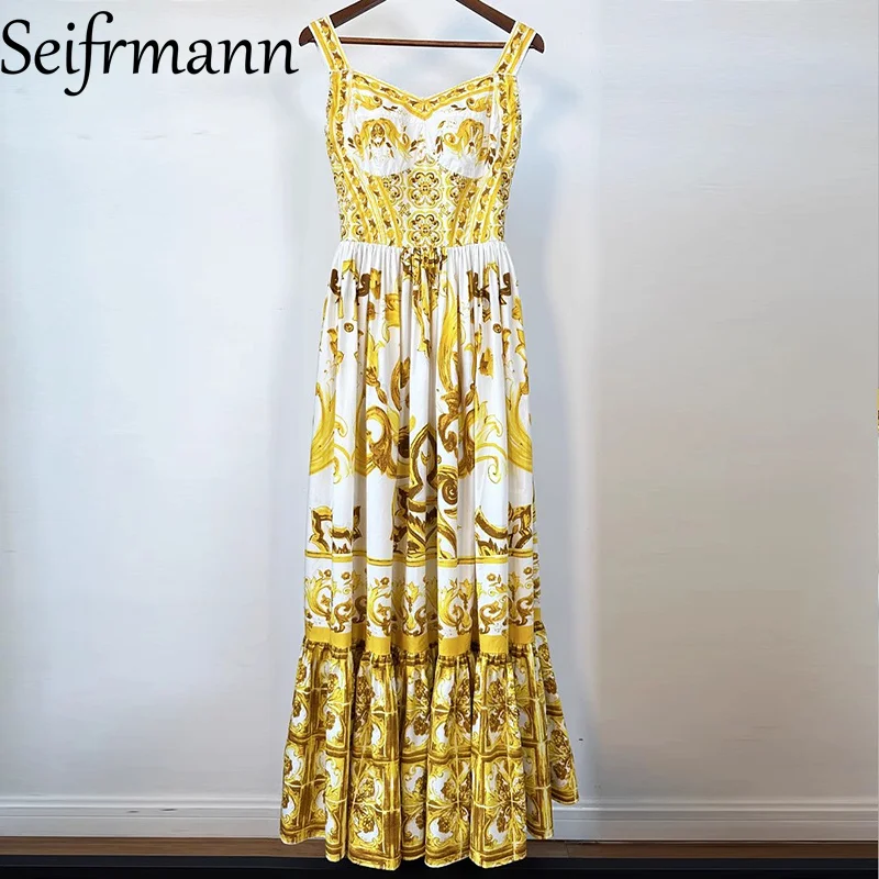 Seifrmann Modedesign Damen Partykleid Spaghettiträger Rückenfrei Print Temperament A-Linie Plissee Kleider