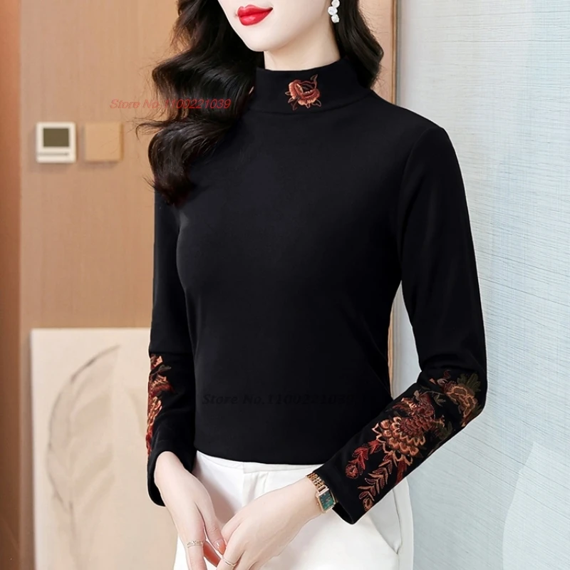 2025 chinese traditional hanfu tops fleece lined folk shirt national flower embroidery stand collar shirt ethnic base shirt