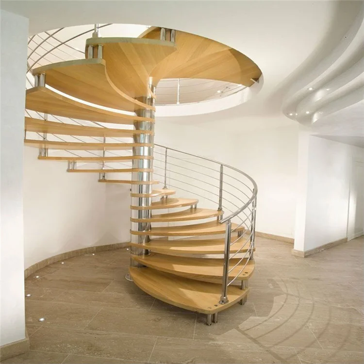 Modern Indoor Use Central Round Stringer Wood Stairs Treads with Glass Railing Attic Spiral Staircase