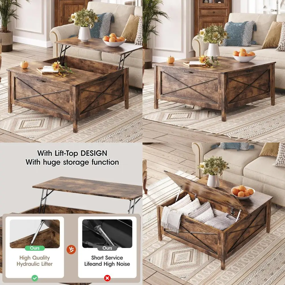 Table basse carrée de style ferme avec rangement caché pour le salon, design en bois rustique, pièce maîtresse idéale