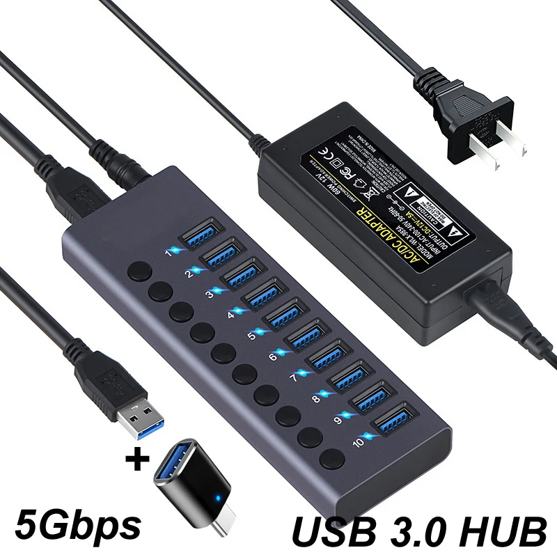 docking station 10 portas usb 30 hub transferencia de dados 5gbps ac power 12v 5a 60w luz led switch converter 01