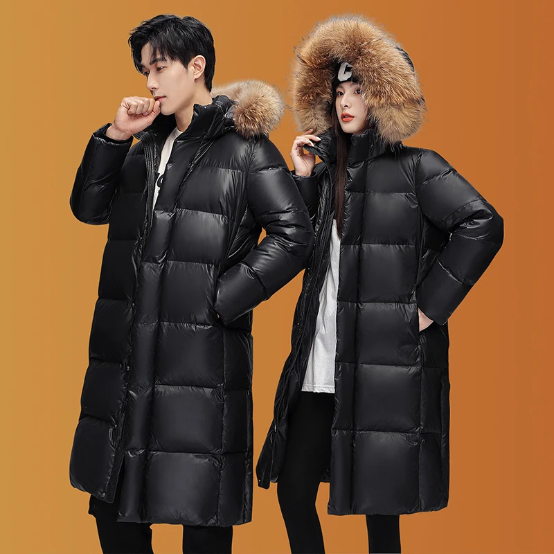 Jaqueta longa com capuz masculina de inverno com calor engrossado e resistência ao frio, jaqueta do mesmo estilo para homens e mulheres