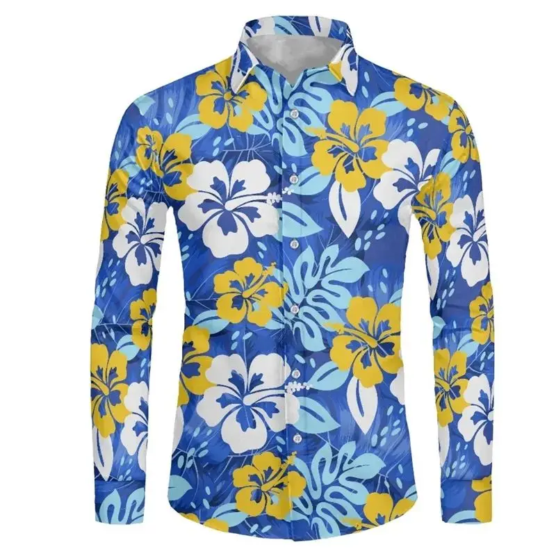 New 2024 Men's Long Sleeve Button-Down Shirt 3D Printed Floral Design Thickened Fleece Autumn  Neck Casual Denim Shirt