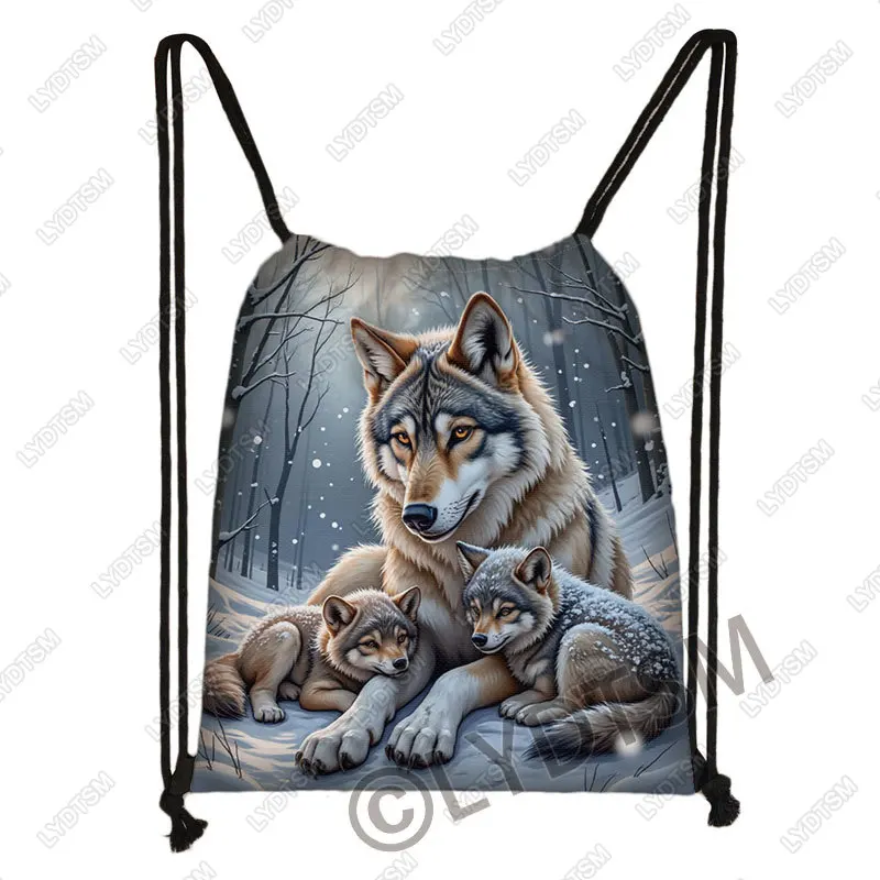 Cool Moon and Howling Wolf Print Drawstring Bag Women Handbags for Travel Shoes Holder Storage Bag Teenager School Bags
