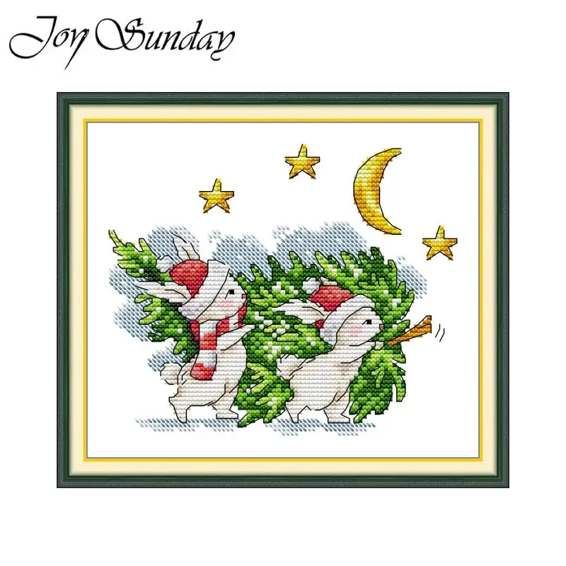 Joy Sunday Bunny With Christmas Tree Printed Cross Stitch Kits Aida 16CT 14CT DIY Fabric Folk Craft Hand Embroidery Set For Gift