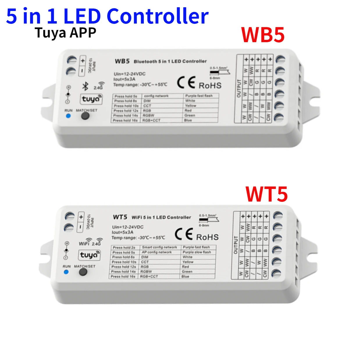 WT5 WiFi / WB5 Bluetooth 5 in1 Smart RF Controller Compatible Tuya Voice control for Single Color RGB,RGBW,RGB+CCT,CCT LED Strip