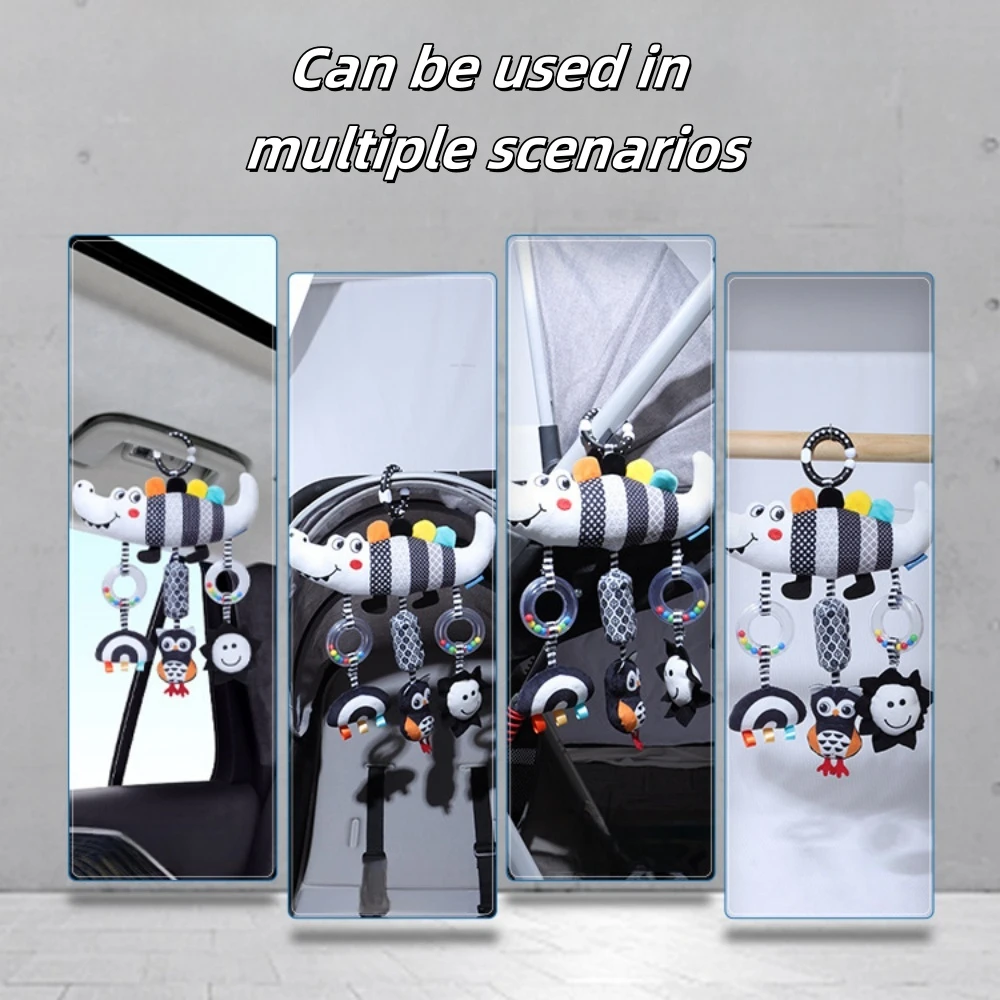 لعبة سرير الأطفال الحسية المتنقلة باللونين الأبيض والأسود، خشخيشات متنقلة لأجراس السرير للأطفال