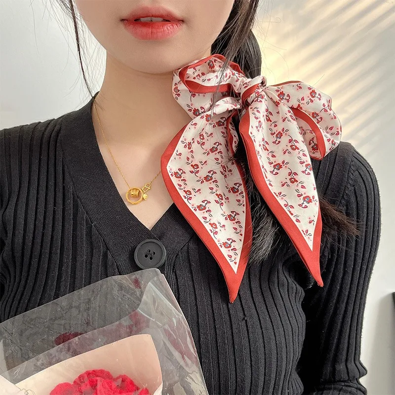 Women Fashion Red Floral Scarf New Style Multi Functional for Bag Binding Hair Band and Neck Scarf Elegant Sweet Decor Accessory view 4