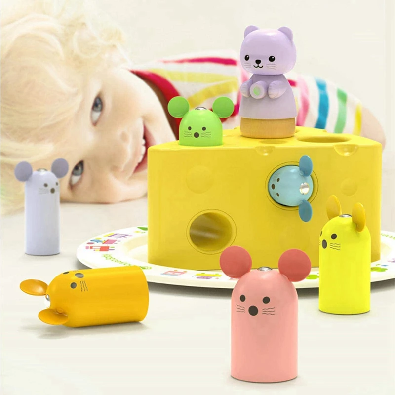 Baby Wooden Toy Catching Mouse Magnetic Fishing Rescue Cheese Fun Game Learning Shapes Colors Education Toys Kid Gift