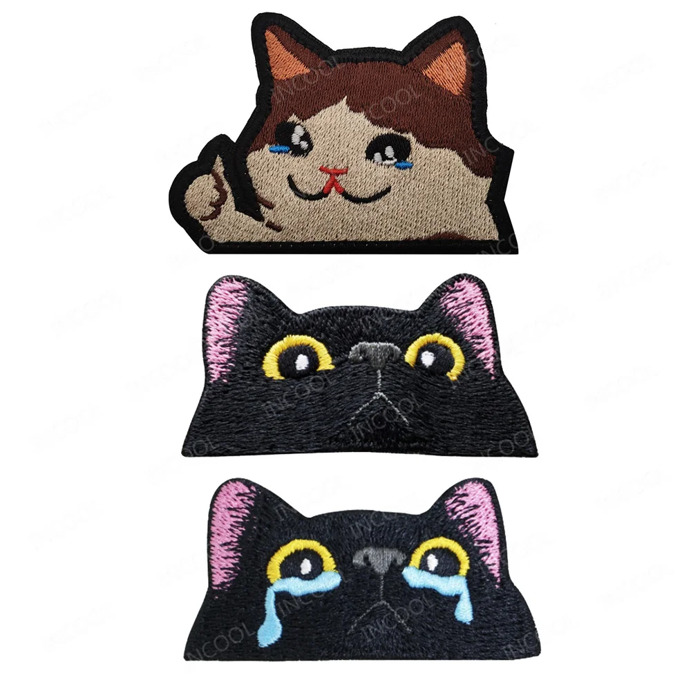 Cute Black Face Cat Embroidered Patches Funny Fabric Crying Cat Appliqued Decorative Badges for Clothing Pocket Backpack