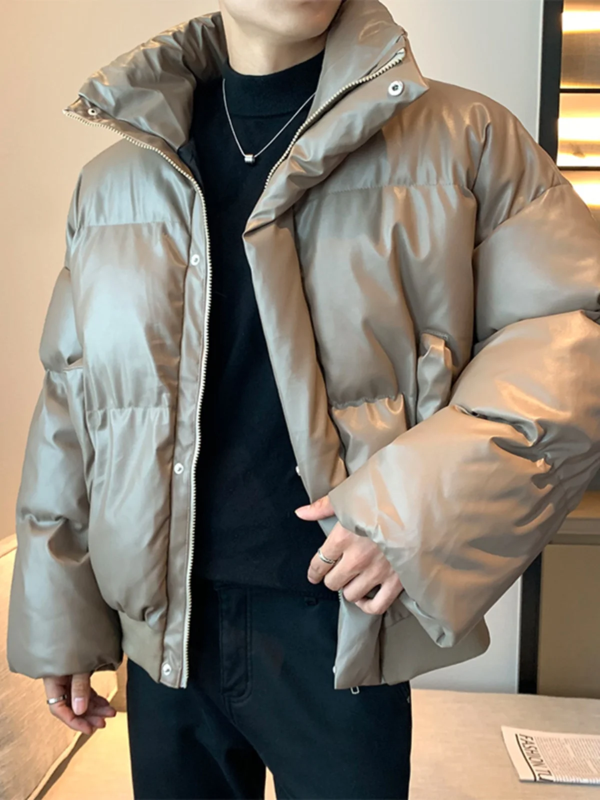 

Thiened Cotton Jaet Loose Men's Casual Faionable PU Leather Coat Winter Warm Sli Youthful ort Length Stand Collar