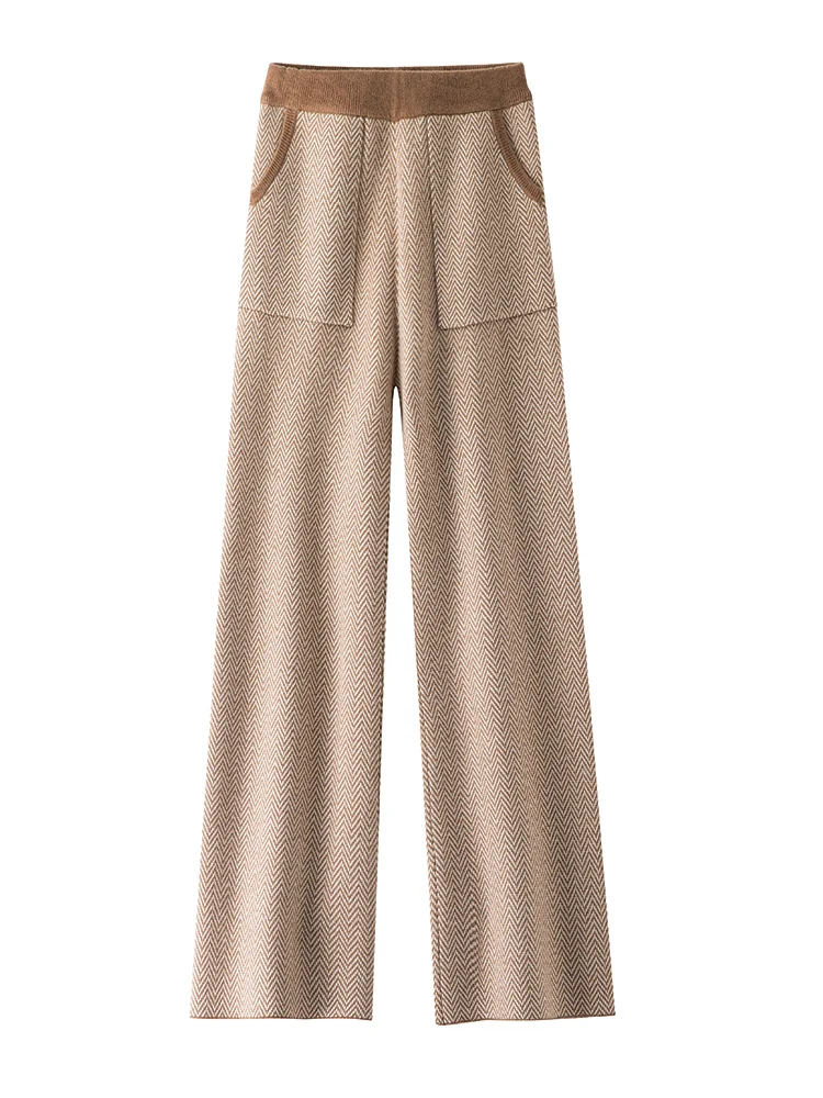 

Women's Wool Pants Herringbone Wide Leg Pants High Waist Autumn Winter Cashmere Straight Trousers Retro 100% Merino Wool Knitted