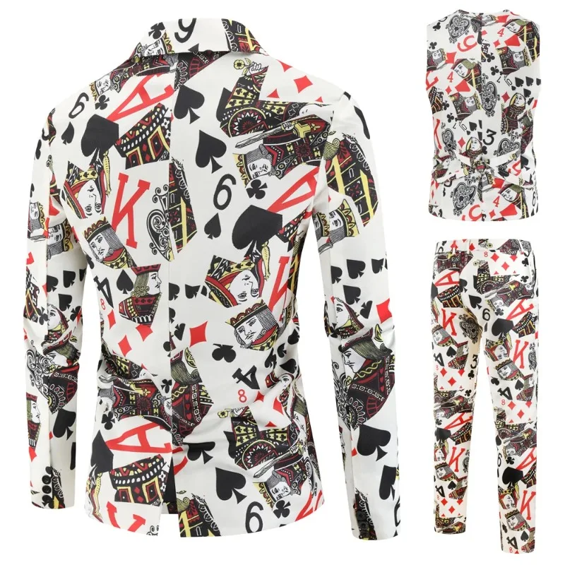 Boutique Suit 3-piece Fashion Casual Poker Print (suit+vest+pants) Social Banquet Hip-hop Singer Tuxedos Men's  2023 New