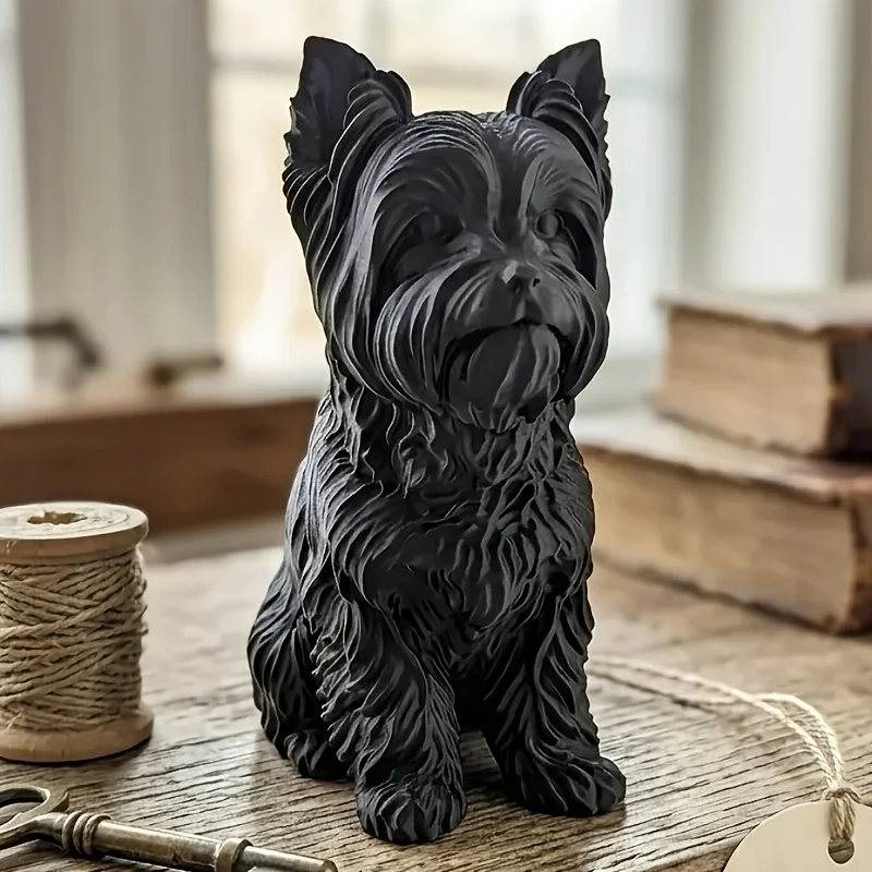 3D‑Printed Matte Black Yorkshire Terrier Statue, Fine‑Textured Sculpture, Luxury Decor for Coffee Table, Entrance, Desktop & Boo