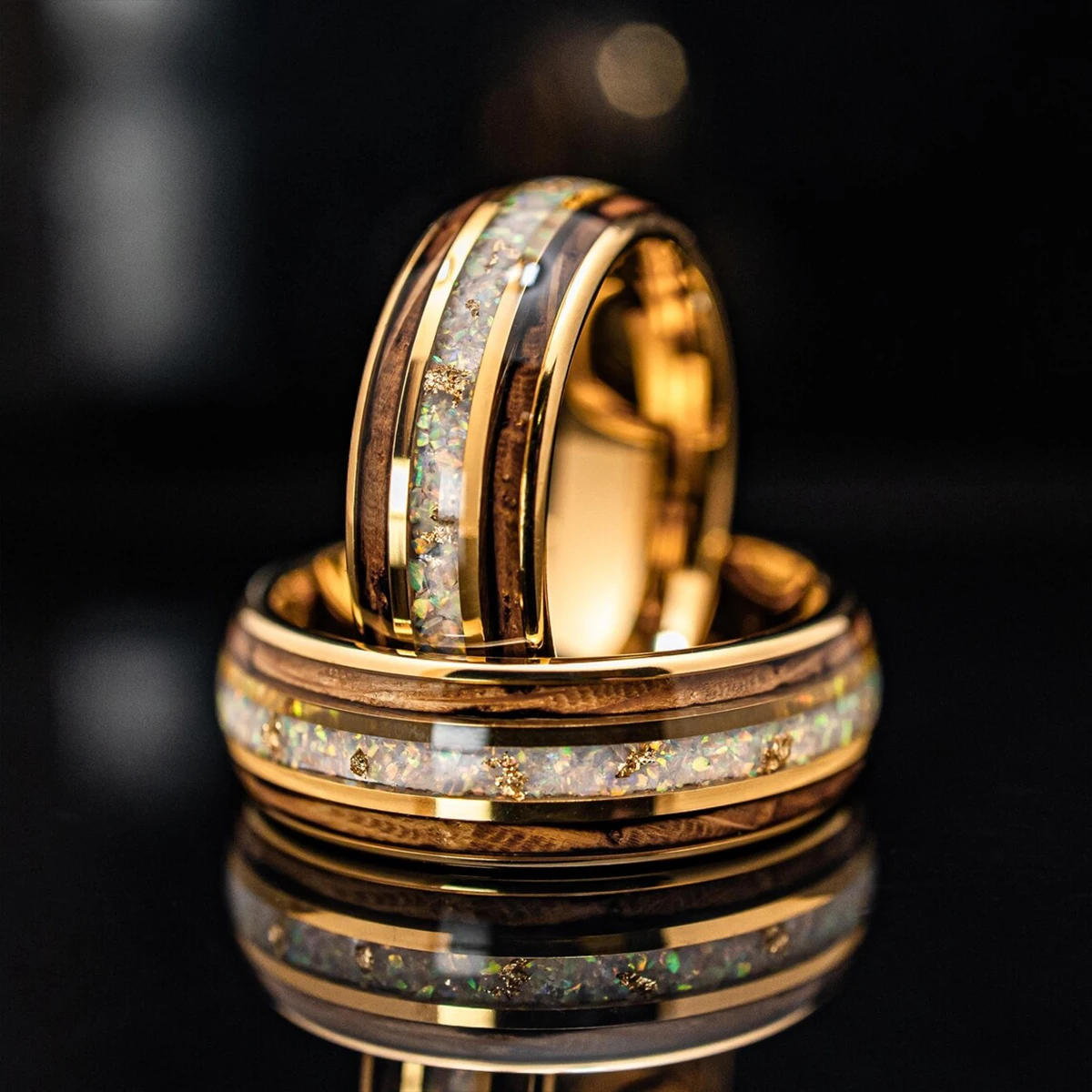 8MM Gold Tungsten Carbide Men's Wedding Bands 18k Gold Leaf White Opal Whiskey Barrel Fashion Engagement Promise Daily Rings