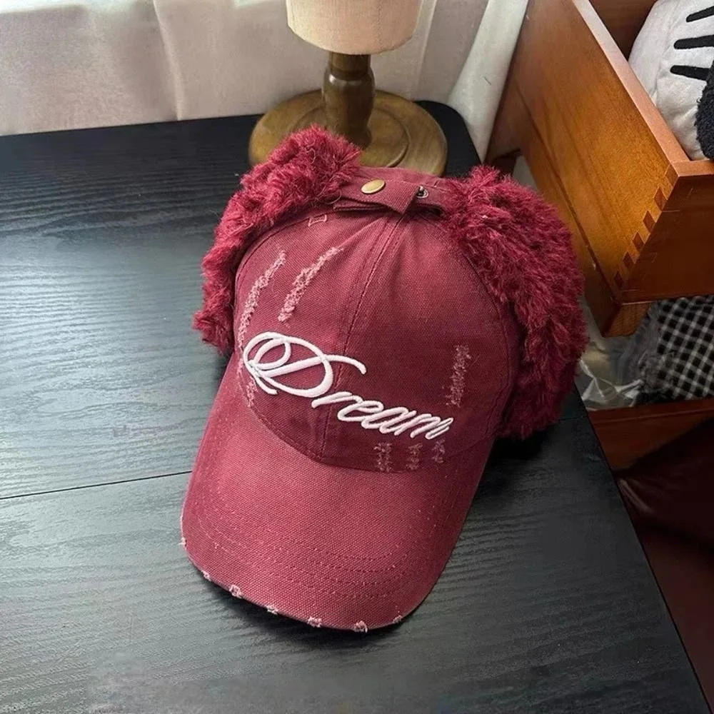 

Windproof Earmuffs Baseball Hats Letter Embroidery Broken Style Bomber Caps Versatile Fashion Retro Winter Warm Hat