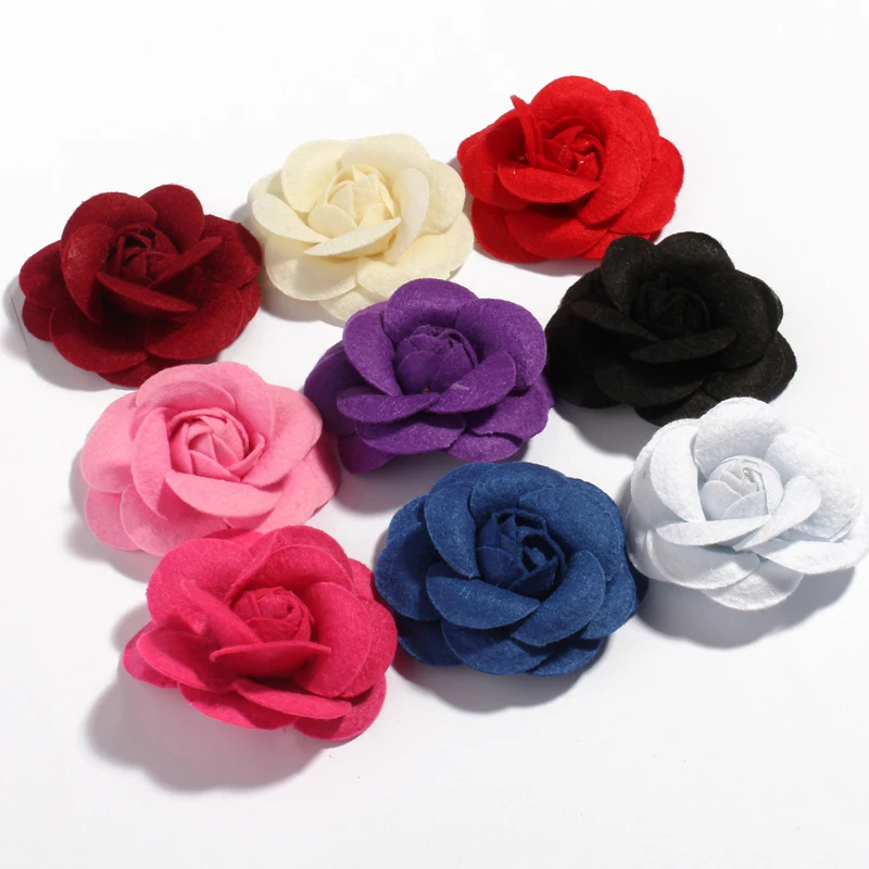 

120pcs/lot 9colors 6.5cm Rolled Petal Rose Hair Flowers for Hair Clips Nonwovens Fabric Flowers with leaves For Hair Accessories