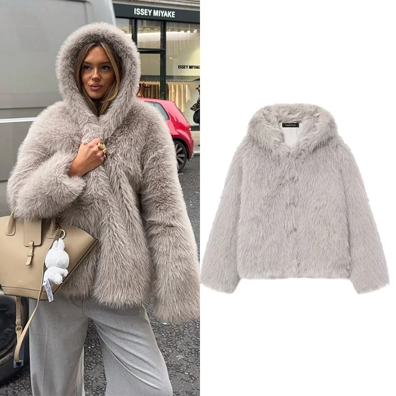 

HipSeam Women Faux Fur Jacket with Hooded Spring Autumn Long Sleeve Pocket Women's Jackets Vintage Lady Coats Female Simpel Tops