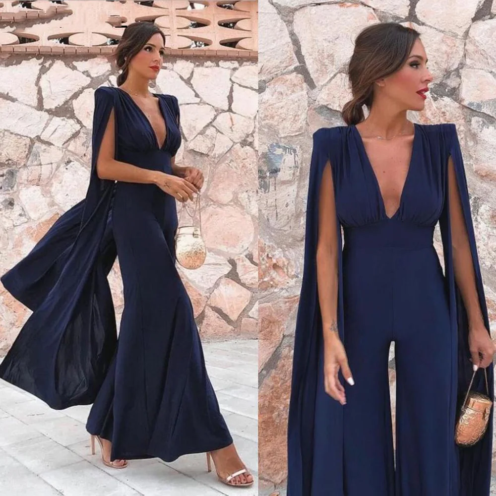 

Navy Blue Chiffon Women Jumpsuits Evening Dresses With Cape Cheap Elegant Formal Party Reception Dress Pant Suits Customized