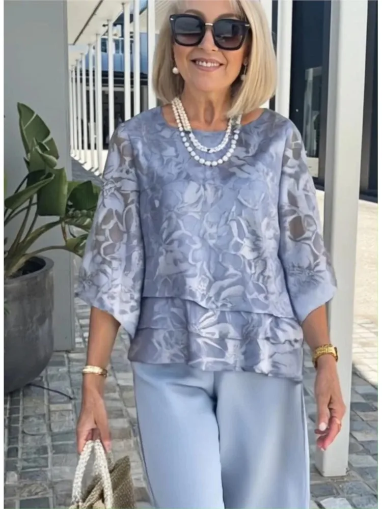 

Spring Autumn Casual New Chiffon Loose Print 2Pieces Sets Women's Fashion O-neck 3/4 Sleeve Top + Wide Leg Pants Two Pieces Set