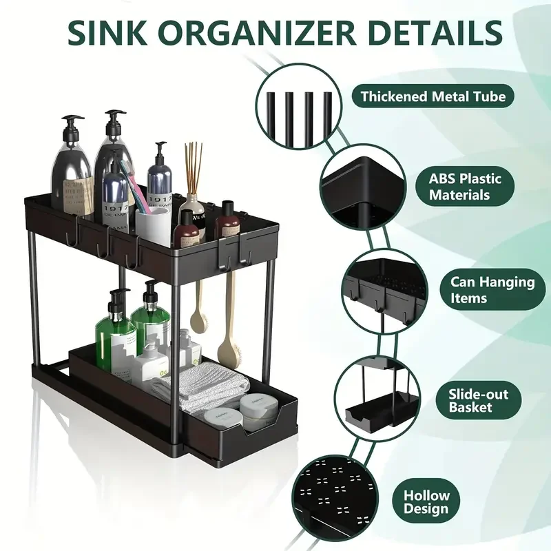 1pc Pull Out Under Sink Storage Rack For Kitchen & Bathroom, Plastic Layered Cabinet Organizer, Kitchen Organizer