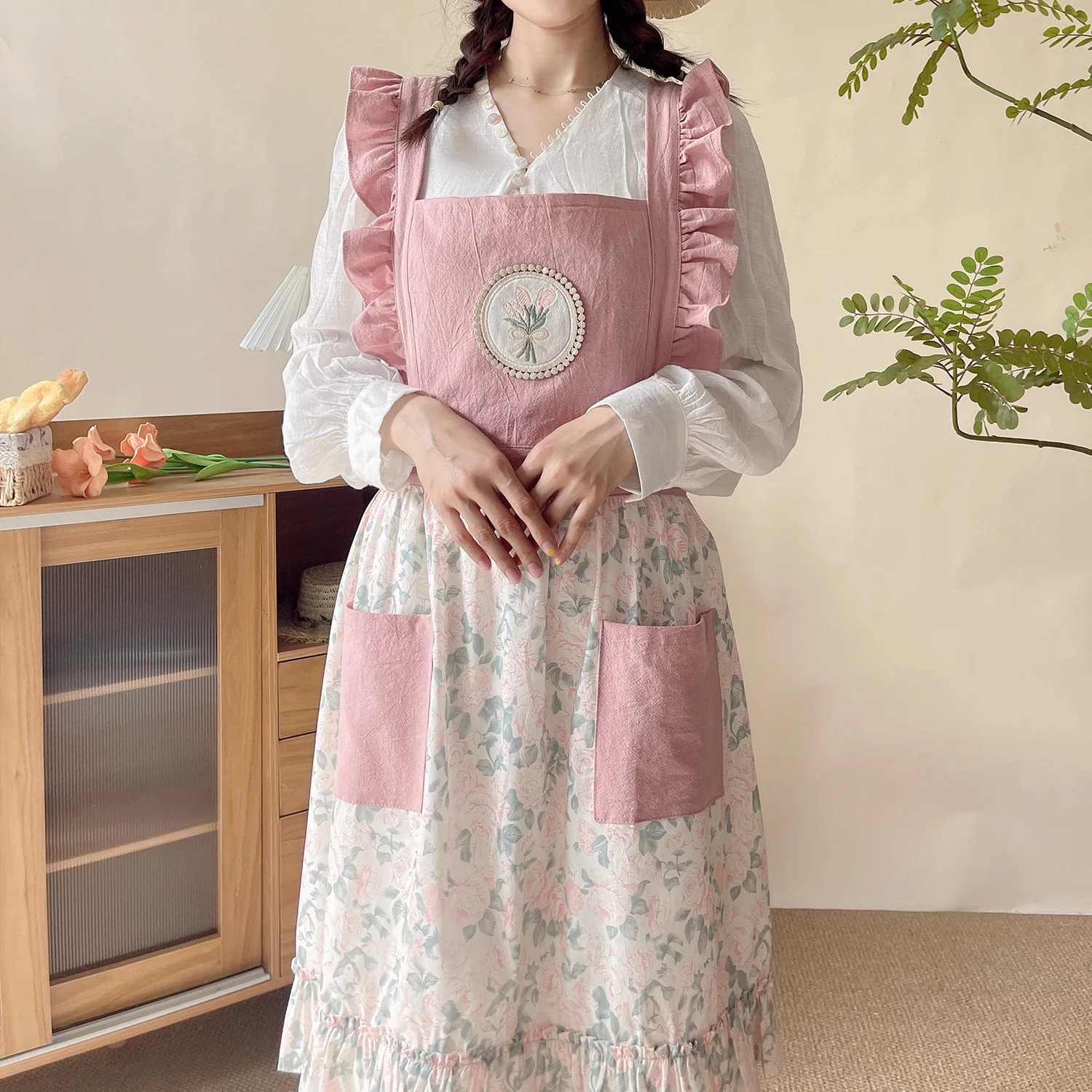 مريلة من القطن على طراز الأميرة الحلوة مع جيب للخصر ومريلة متقاطعة مضادة للبقع وغطاء رفيع H1