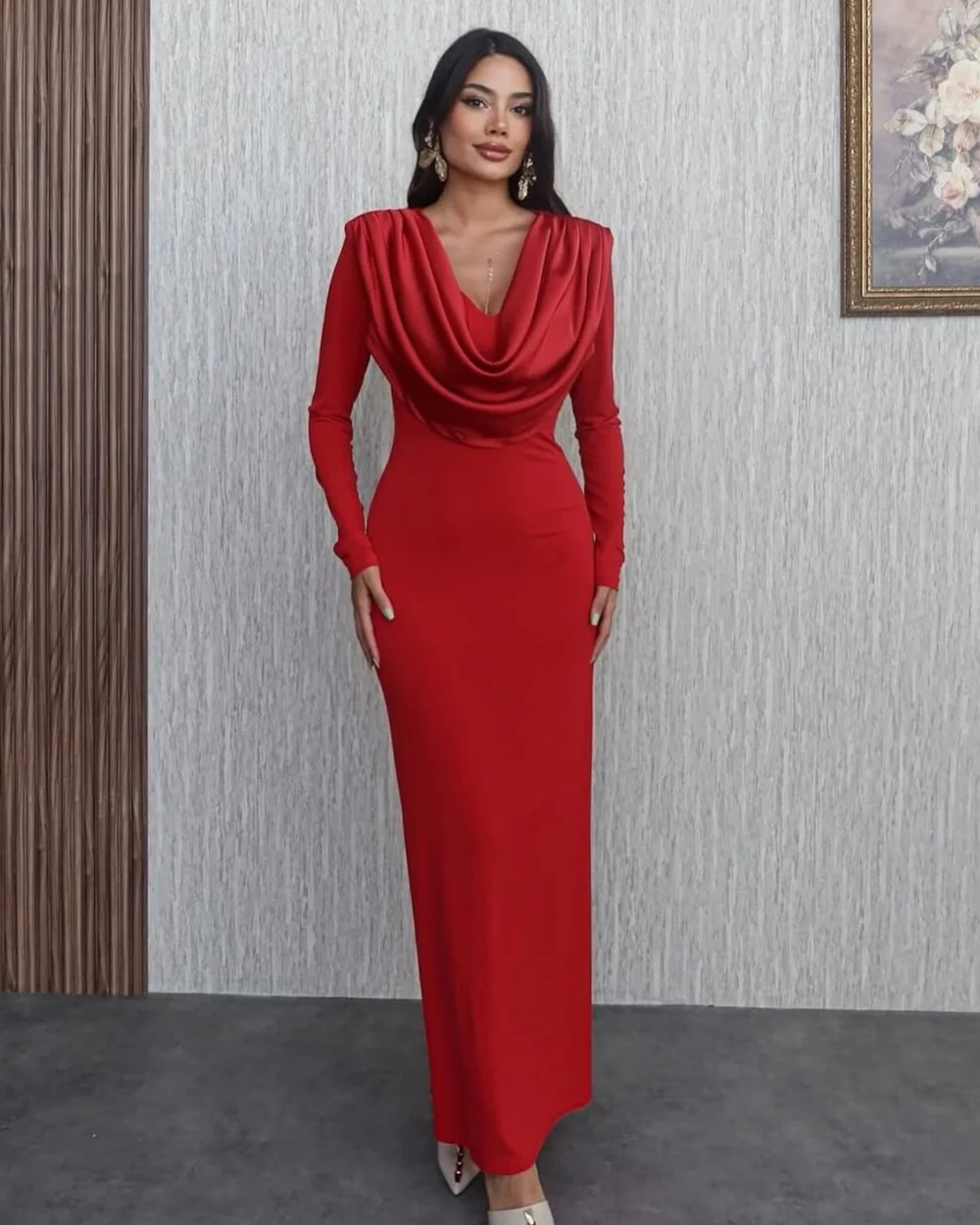 

Customized Simple Matching Jersey Pleat Ruched Straight V-neck Midi Dresses Bespoke Occasion Dresses Exquisite Elegant Fashion