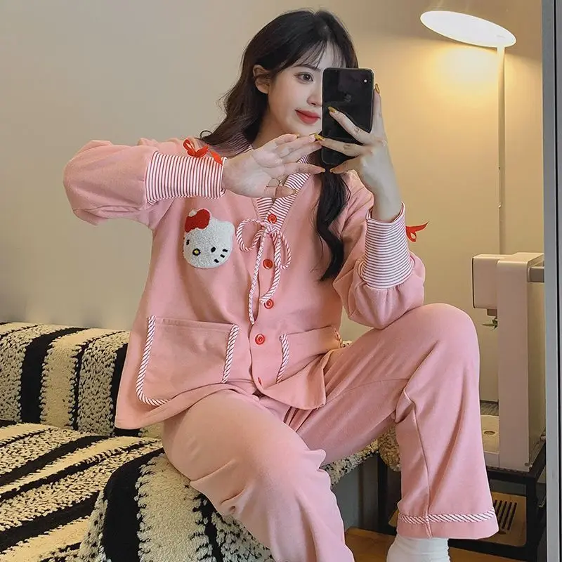 

Pink Hello Kitty Cashmere Pajamas for Girls in Autumn Winter Thickened Warm Long-sleeved Trousers Sweet and Cute Home Clothes