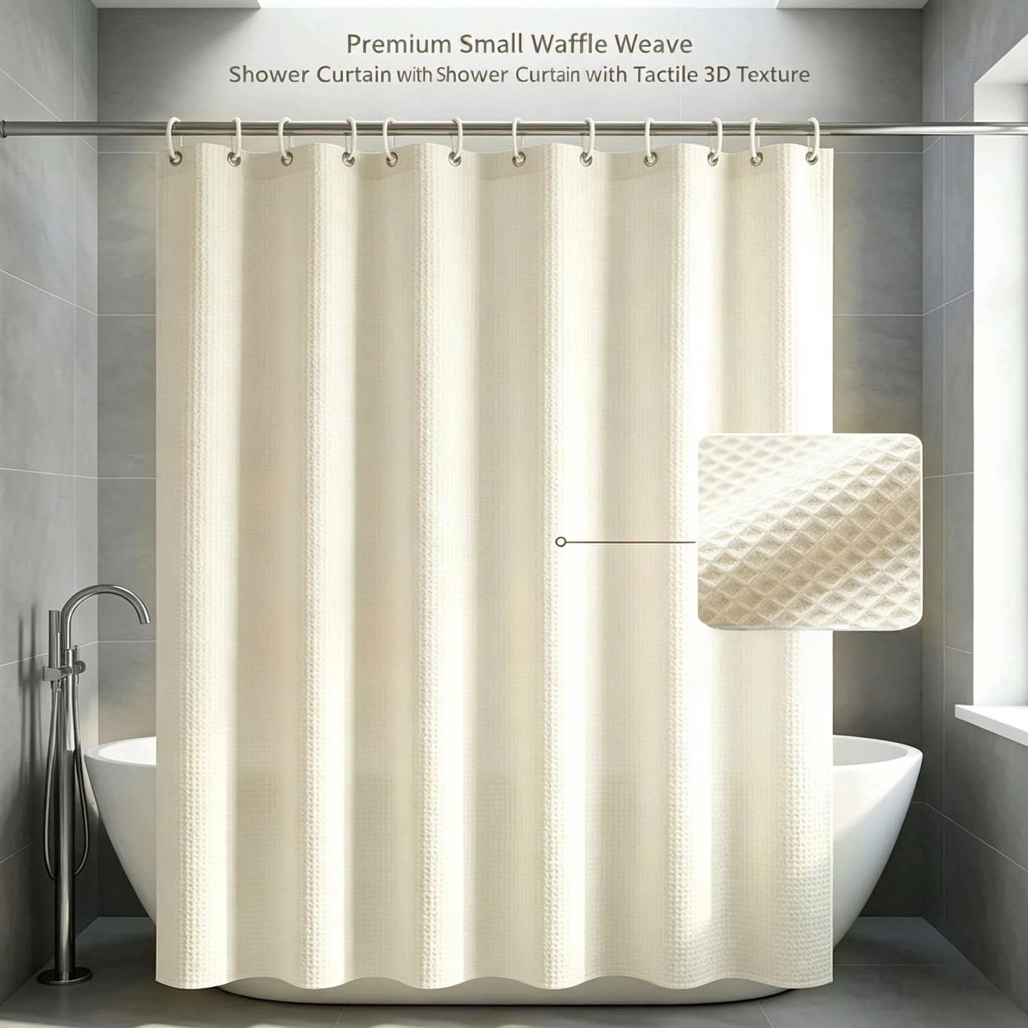 1PC Small Check Waffle Jacquard Shower Curtain Waterproof Decorative Bathroom Curtain with Free Matching Hooks Included