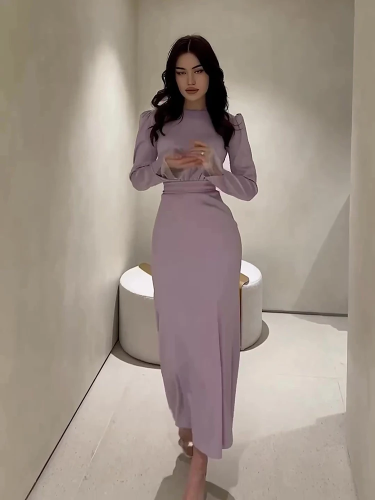 

Elegant Slim Wrinkles Lace Up Dresses Spring Women Long Sleeve Round Neck Dress Autumn High Waist Pullover Ankle Length Dress