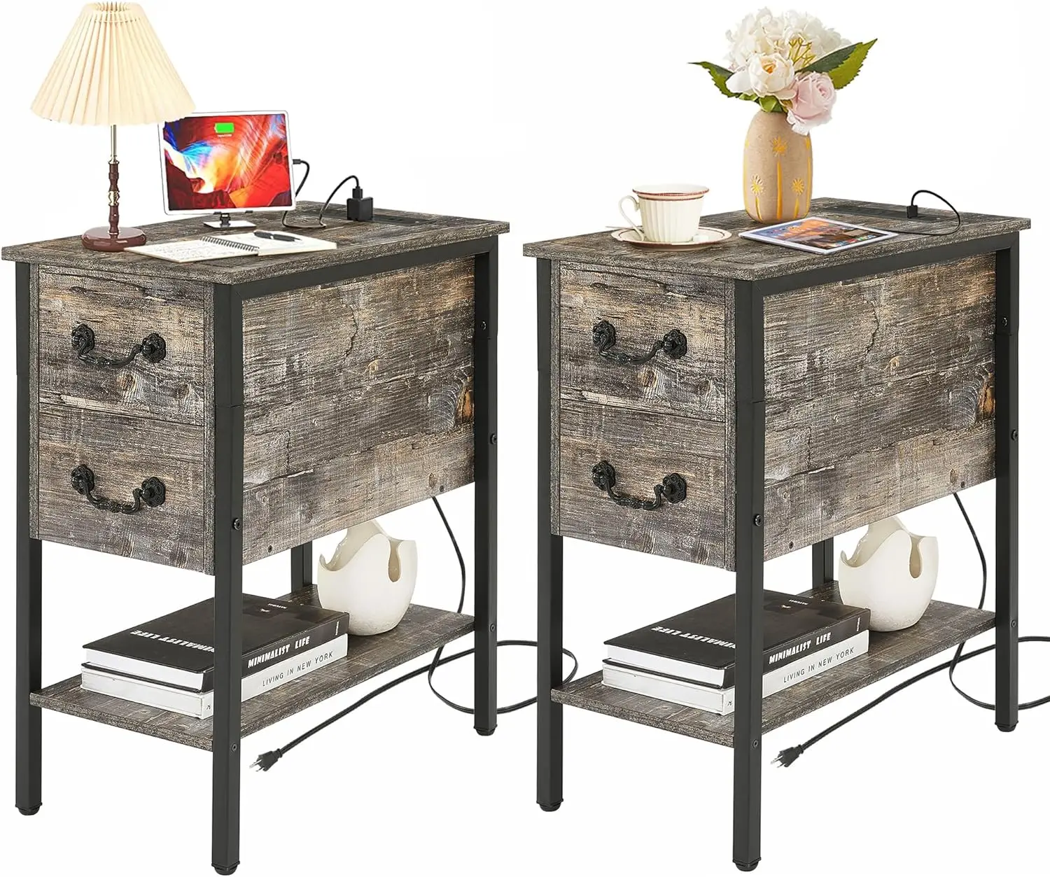 

End Tables,Narrow Nightstands with Charging Station & USB Ports &Drawers,Night Stand for Living Room, Bedroom, 2 Pack