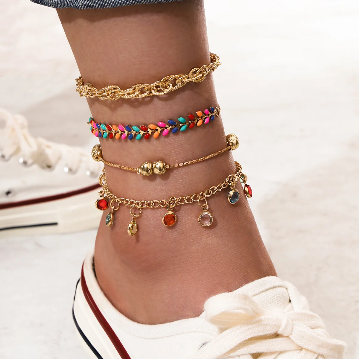 

Bohemia Colorful Crystal Anklet Set For Women Summer Beach Ankle Bracelet Gold Color Leg Chain On Foot Girls Boho Jewelry