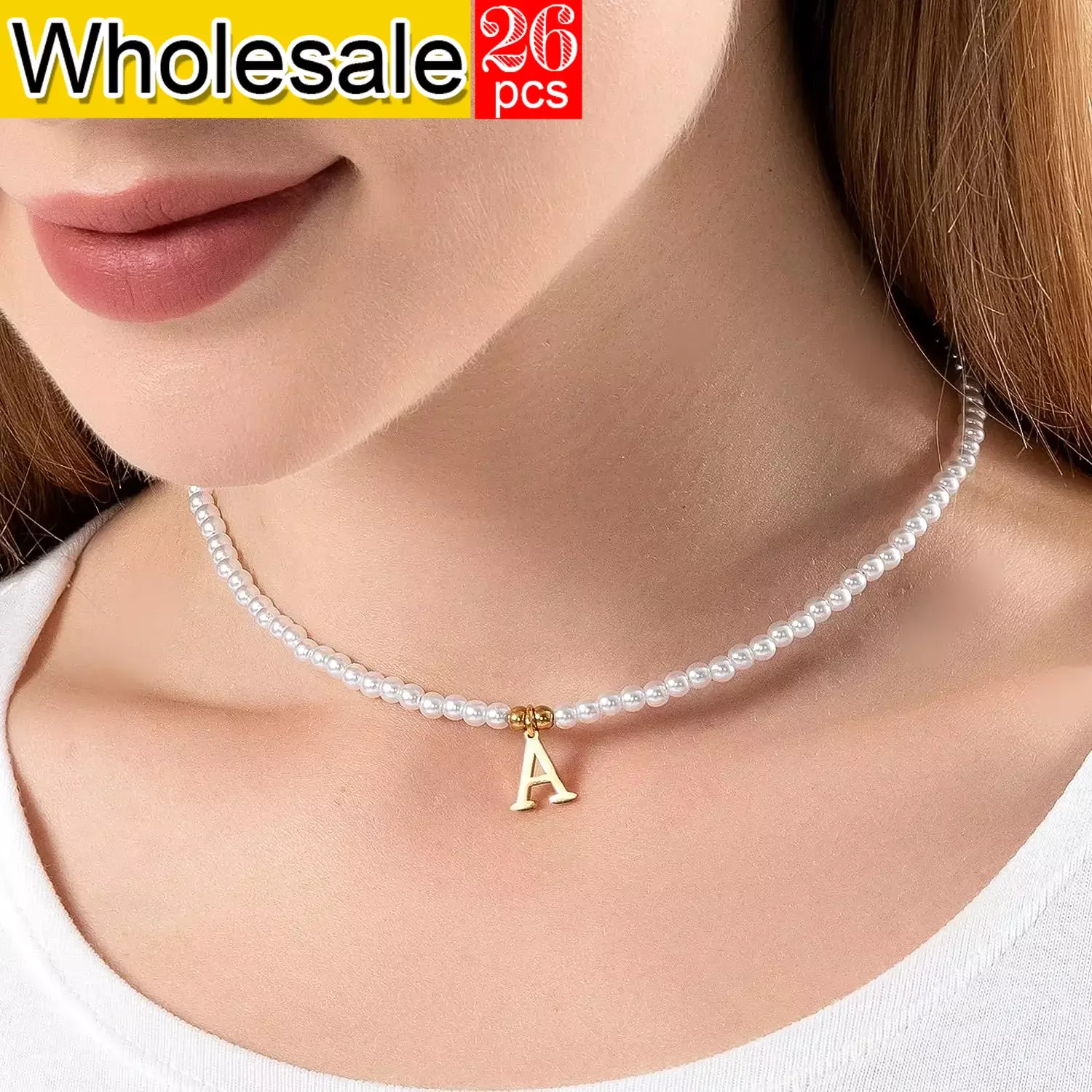 

Women's minimalist style stainless steel necklace with 26 initials pendant imitation pearl necklace choke ring jewelry wholesale