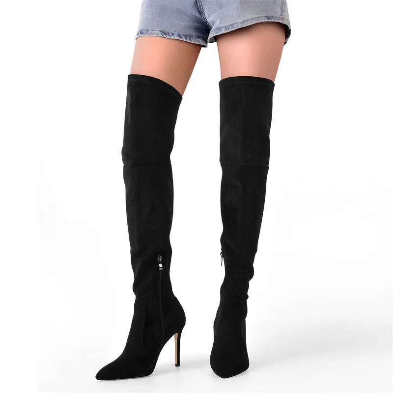 Onlymaker Women Pointed Toe Over the Knee Stretch High Boots Thin High Heel Stiletto Flock Zip Big Size Fashion Woman Boots