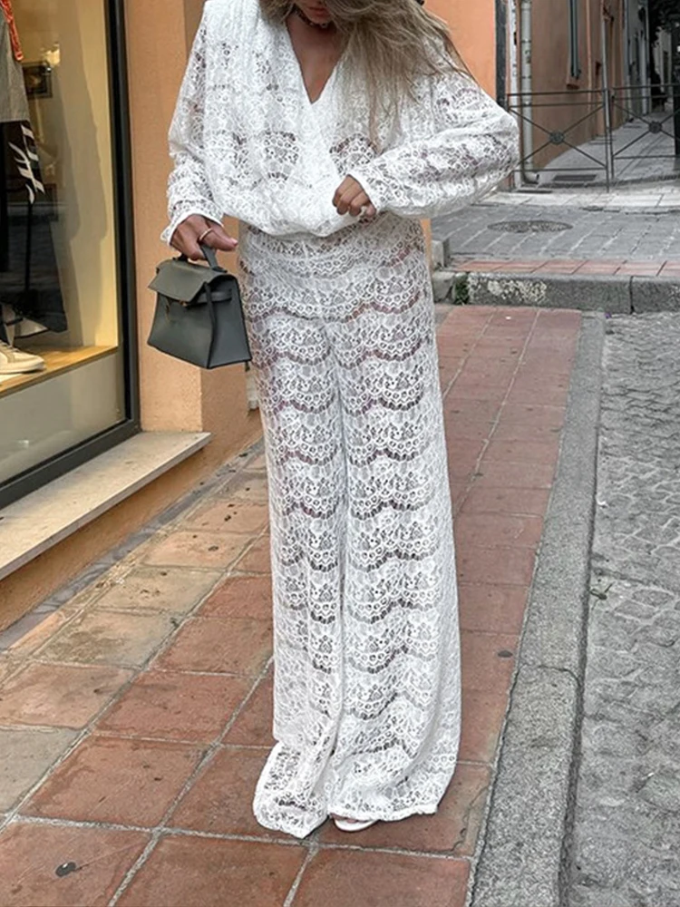 

Elegant Lace Jacquard Hollow Long Pant 2Pc Outfit Casual Long Sleeve Perspective White Suit Sexy Swinging Collar Top & Pant Sets