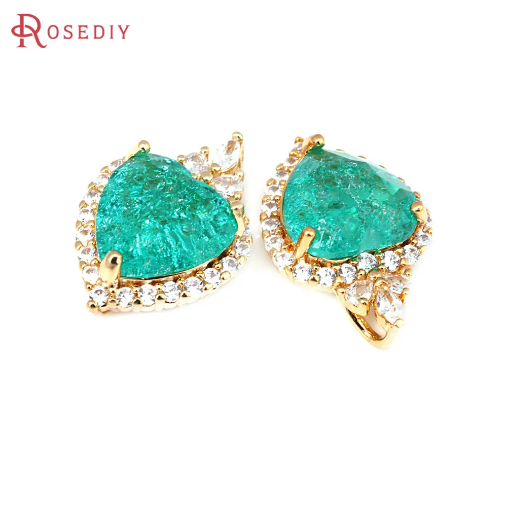 2PCS 18K Gold Color Brass and Zircon and Glass Heart Charms Pendants Diy Jewelry Making Supplies Necklace Accessories for Women