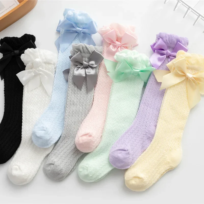Cute Big Bowknot Newborn Baby Socks Outdoor Mosquito Proof Mesh Baby Girl Boys Socks Solid Color Infant Toddler Knee High Socks