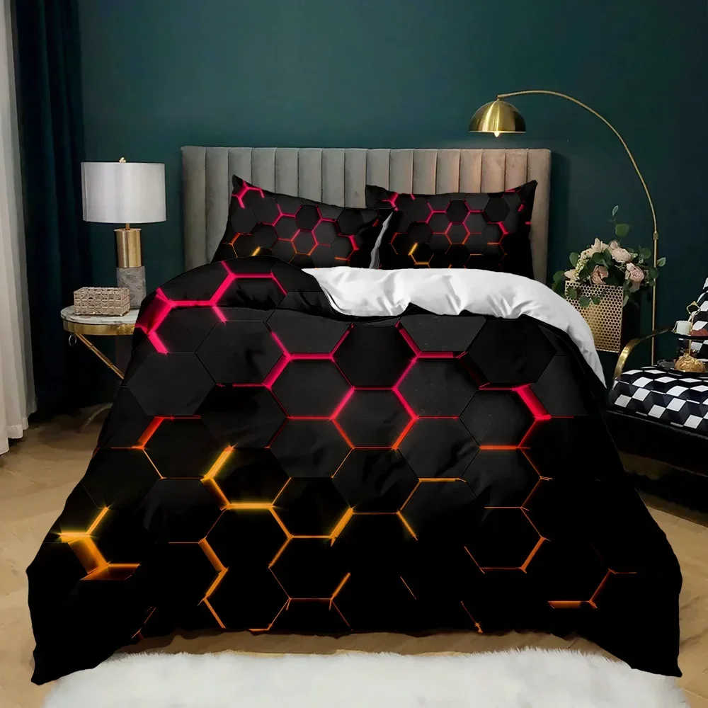 Geometric Duvet Cover Multicolor Honeycomb Hexagon Bedding Set Geometric Theme Metal Texture Streamline Polyester Qulit Cover