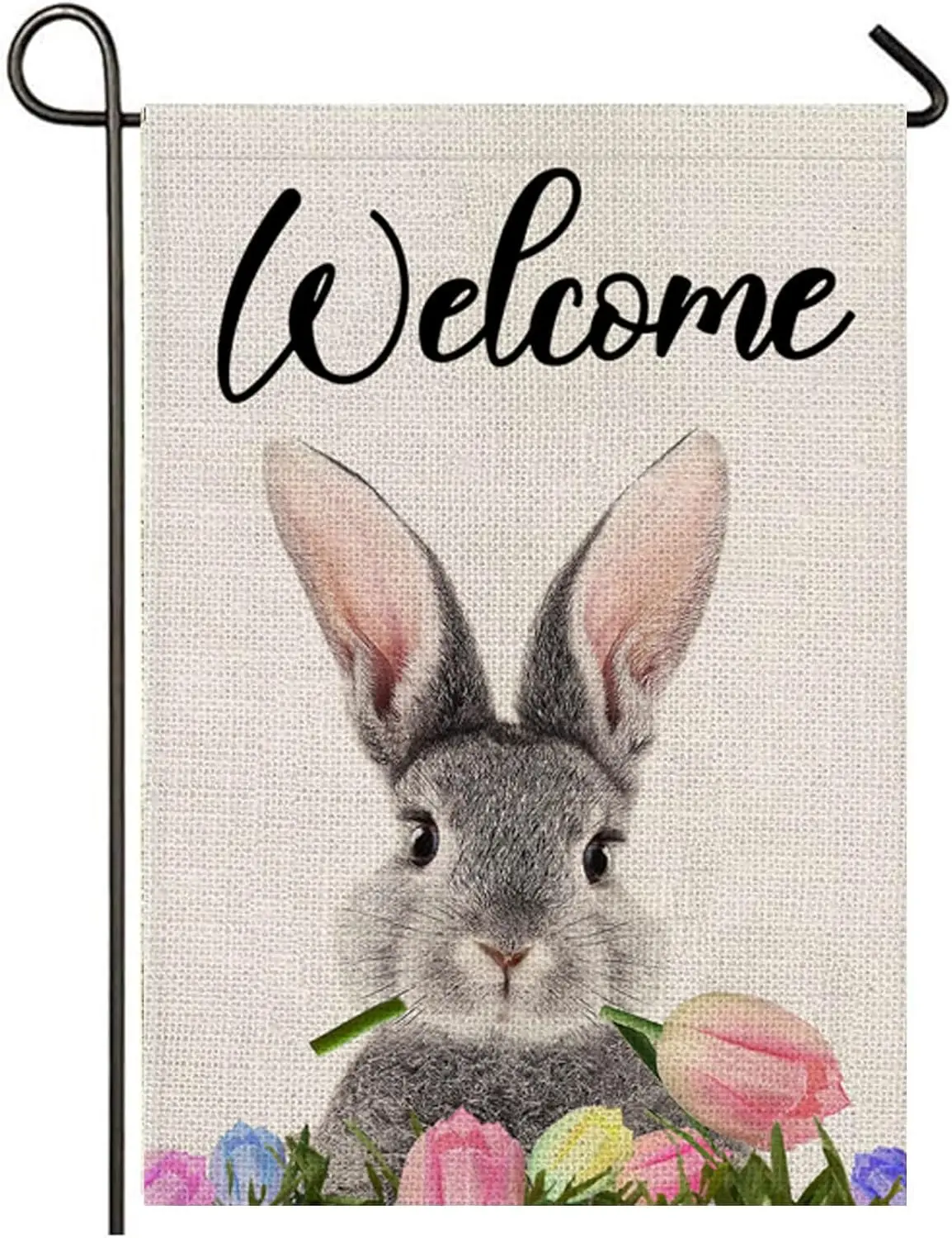 Happy Easter Rabbit Garden Flag 12 x 18 Double Sided, Welcome Spring Easter Bunny Tulip Garden Yard Outside Flag Decorations for