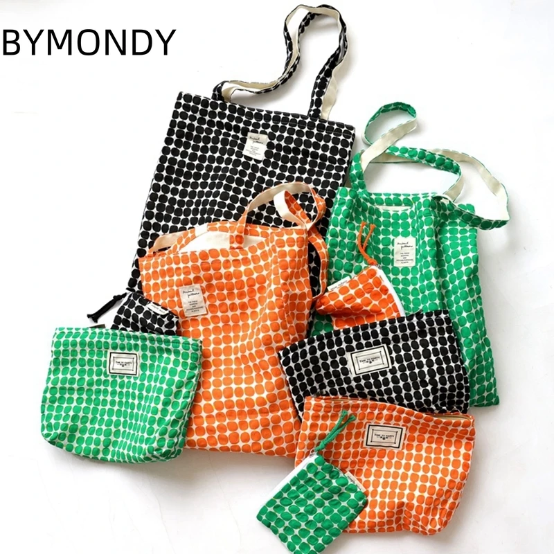 BYMONDY Woman Fabric Hangbags Fashion Concise Cloth Ladies Shoulder Bags 2024 Hot Trend Dot Printing Female Large Shopping Bag