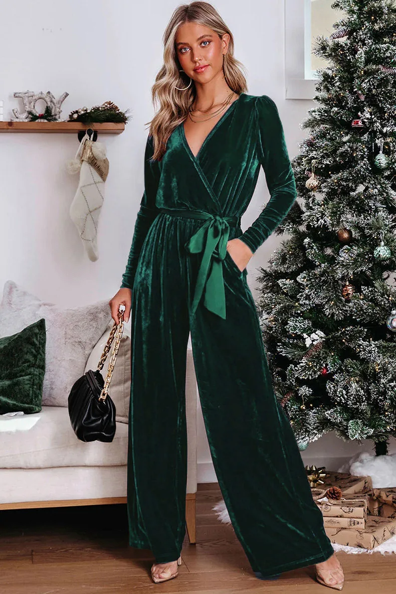 2024 Cross border European and American solid color long sleeved jumpsuit V-neck European and American fashionable and elegant s