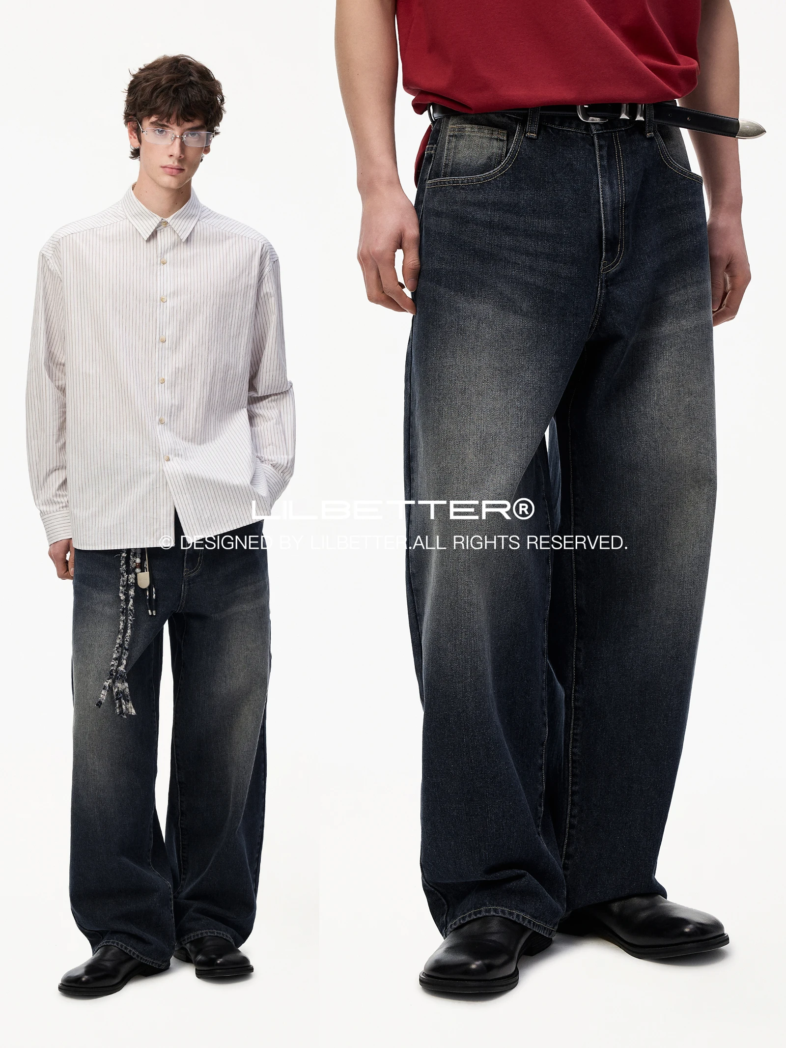 Lilbetter Casual Wide Leg Denim Jeans 13OZ Deep Blue Slant Pattern Bamboo Texture Dyed Comfortable Cotton Blend Men's Pants