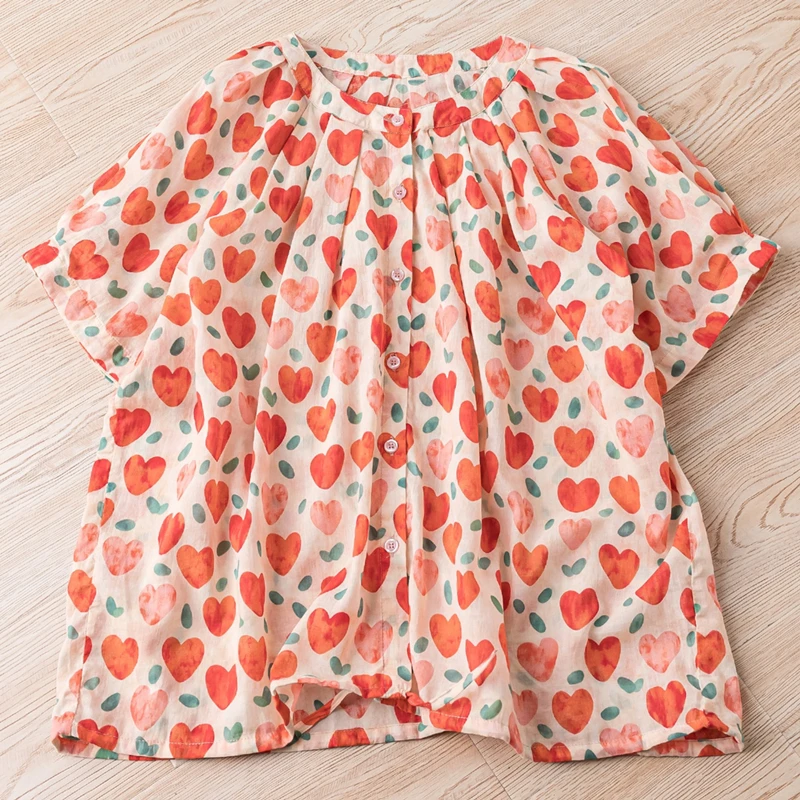 Summer New Cotton Girlish Round Neck Shirts Short Sleeves Heart Printed Loose Breathable Pastoral Style Button Coats Blouses