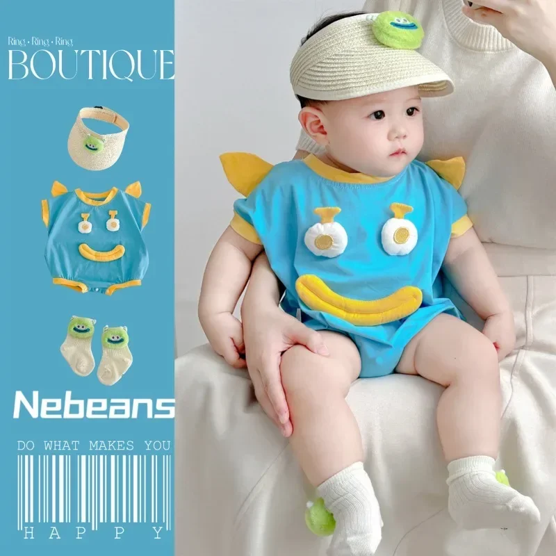 Newborn Boys Girl Rompers Sock Hat 3pcs Set Blue Cartoon Disney Jumpsuit Infant Costume Short Sleeve Bodysuits K555-2